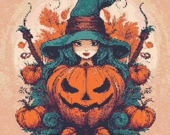 Cute Witch with carved Halloween Pumpkin. Watercolor illustration made with fall colors. Counted Cross Stitch PDF Pattern. Hand Embroidery.