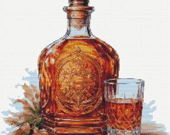 Retro Scotch Bootle and Glass with Leaves. Watercolor illustration in Art Nouveau style. Counted Cross Stitch PDF Pattern. Hand Embroidery.