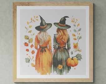 Two Witches with Halloween Pumpkin and leaves. Watercolor illustration in fall colors. Counted Cross Stitch PDF Pattern. Hand Embroidery.