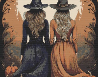Two Witches with carved Halloween Pumpkin. Watercolor illustration made with fall colors. Counted Cross Stitch PDF Pattern. Hand Embroidery.
