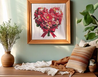 Heart Shaped Flower Bouquet. Mother's Day. Watercolor illustration made with red tones. Counted Cross Stitch PDF Pattern. Hand Embroidery.