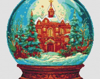 Snow Globe. A Victorian House with the Christmas decoration and pine forest in winter. Counted Cross Stitch PDF Pattern. Hand Embroidery.
