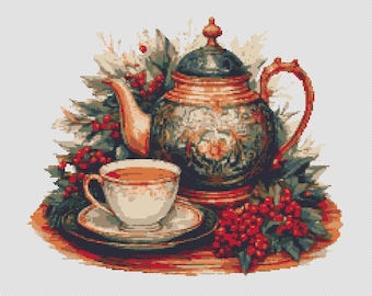 Vintage Tea Pot and Porcelain Cup in Christmas theme with berries. Watercolor Painting. Counted Cross Stitch PDF Pattern. Hand Embroidery.