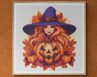 Cute Witch with carved Halloween Pumpkin. Watercolor illustration made with fall colors. Counted Cross Stitch PDF Pattern. Hand Embroidery.
