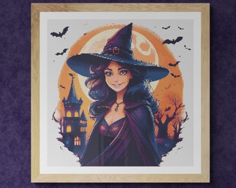 Halloween Witch with Castle, Bats and Full moon. Watercolor painting with fall colors. Counted Cross Stitch PDF Pattern. Hand Embroidery.