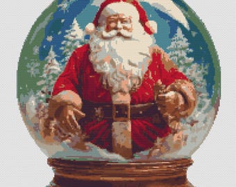 Christmas Snow Globe With Santa Claus. Christmas decoration and pine forest in winter. Counted Cross Stitch PDF Pattern. Hand Embroidery.