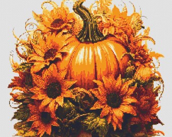 Thanksgiving Day Pumpkins, Sunflowers and Autumn leaves. Watercolor painting. Counted Cross Stitch PDF Pattern. Hand Embroidery.