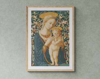 Iconic Tapestry of Mother Mary and Baby Jesus. Medieval Art with historical colors. Counted Cross Stitch PDF Pattern. Hand Embroidery.