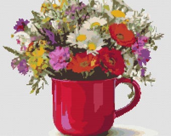Wildflowers placed in a vintage coffee cup as a pot. Hand drawn watercolor painting style Counted Cross Stitch PDF Pattern. Hand Embroidery.