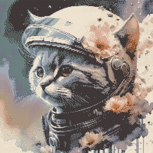 宇宙ヘルメットをかぶったかわいい宇宙飛行士の猫。水彩画スタイル。クロスステッチの PDF パターン、ダイヤモンド ペインティングとパターン キーパー用の PDF。