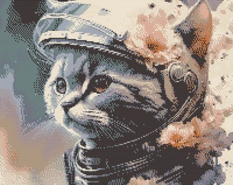Cute Astronaut Cat with Space Helmet. Watercolor Style. Counted Cross Stitch PDF Pattern, PDF for Diamond Painting and Pattern Keeper.