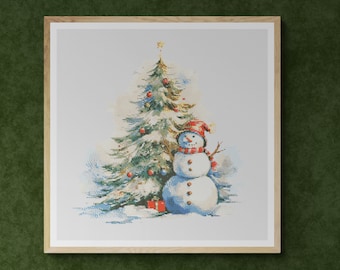 Cute Snowman Red Hat and Scarf. Christmas Tree. Watercolor. Counted Cross Stitch PDF Pattern, PDF for Diamond Painting and Pattern Keeper.