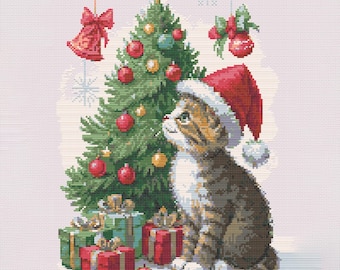 A cute kitten in Santa hat with Christmas tree and gift boxes. Watercolor Painting. Counted Cross Stitch PDF Pattern. Hand Embroidery.