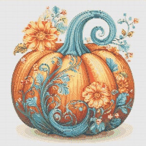 Calabaza decorada con flores para el Día de Acción de Gracias. Pintura de acuarela realizada con colores otoñales. Patrón de punto de cruz en PDF. Bordado a mano.