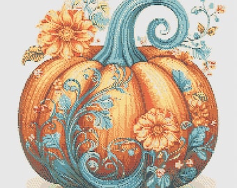 Floral Decorated Pumpkin Thanksgiving Day. Watercolor painting made with autumn colors. Counted Cross Stitch PDF Pattern. Hand Embroidery.