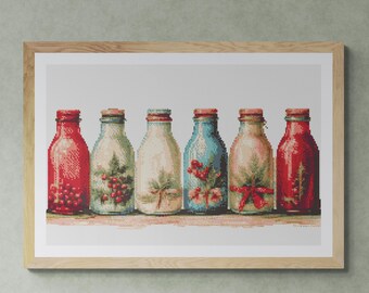 Colorful Milk Bottles decorated with christmas theme in hand drawn Watercolor painting. Counted Cross Stitch PDF Pattern. Hand Embroidery.