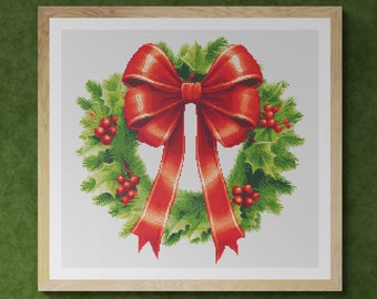 Christmas Decoration Wreath. Oak Leaves, Pine Pins, Berries and Red Ribbon. Watercolor. Counted Cross Stitch PDF Pattern. Hand Embroidery.