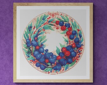 Christmas Wreath Decorated with red and blue berries and leaves. Watercolor Painting. Counted Cross Stitch PDF Pattern. Hand Embroidery.