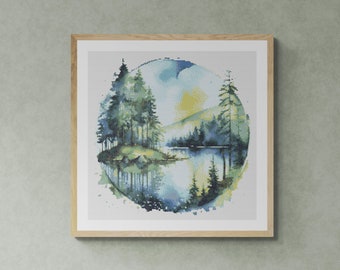 Clear Lake View with Pine Forest. Landscape painting in watercolor style with splashes. Counted Cross Stitch PDF Pattern. Hand Embroidery.