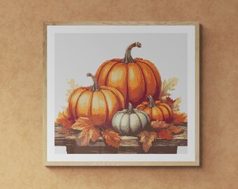 Thanksgiving day Pumpkins with fall leaves. Watercolor painting made with autumn colors. Counted Cross Stitch PDF Pattern. Hand Embroidery.