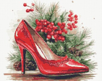 Red high heeled shoes in Christmas themed Watercolor Painting in Christmas colors. Counted Cross Stitch PDF Pattern. Hand Embroidery.