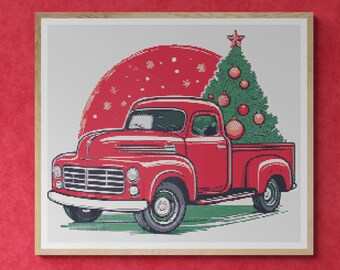 Christmas Trees decorated with ornaments on a Red retro truck in winter. Watercolor. Counted Cross Stitch PDF Pattern. Hand Embroidery.