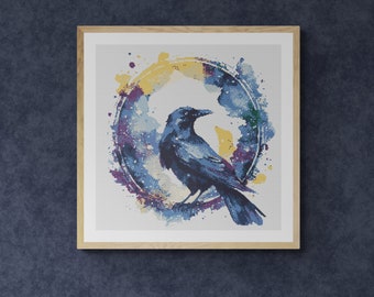 Colorful Raven Illustration. Watercolor Style with Splashes. Counted Cross Stitch PDF Pattern, PDF for Diamond Painting and Pattern Keeper.