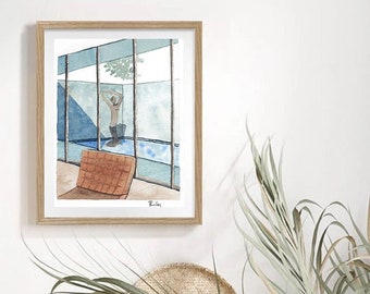 May include: A watercolor painting of a person standing in a room with large windows and a pool. The person is wearing a swimsuit and has their arms raised above their head. There is a brown chair in the foreground.