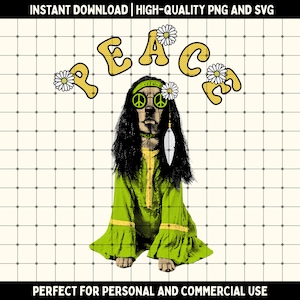 Hippie Dog Peace digitale afdrukbare png | Digitale kunst digitale kunst hond met bril | Hond met vredessymbool uit de jaren 60 en 70