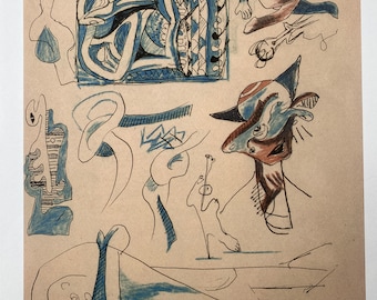 May include: A black and white abstract drawing with blue and brown accents. The drawing features several figures and shapes, including a human-like figure with a large hat, a figure with a long neck, and a figure with a large head. The drawing is signed "Frederick Pillot" in the bottom right corner and numbered "716/300" in the bottom left corner.
