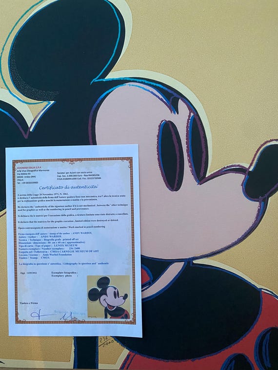 アンディ・ウォーホル「ミッキーマウス」リトグラフ、証明書、サイン