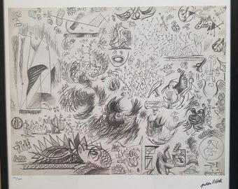 May include: A black and white abstract drawing with a variety of shapes and lines. The drawing is filled with details and appears to be a collection of sketches. The artist's signature, "Tucker Billick", is in the bottom right corner.
