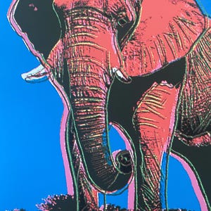 Könnte beinhalten: Ein lebendiger, farbenfroher Druck eines Elefanten in Rosa, Rot und Schwarz vor einem blauen Hintergrund. Der Elefant ist in einer stilisierten, fast cartoonartigen Art und Weise dargestellt, mit kräftigen Linien und übertriebenen Merkmalen. Die Unterschrift des Künstlers ist in der linken unteren Ecke sichtbar.