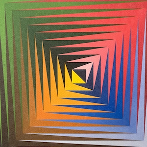 May include: Abstract geometric art print with a series of squares and triangles in shades of green, red, orange, blue, and yellow. The colors are layered to create a sense of depth and perspective.
