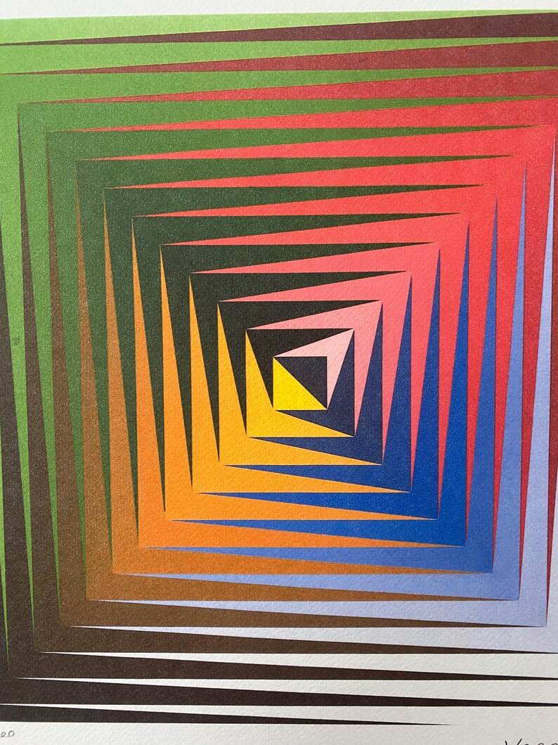May include: Abstract geometric art print with a series of squares and triangles in shades of green, red, orange, blue, and yellow. The colors are layered to create a sense of depth and perspective.