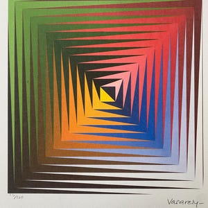 May include: A colorful abstract print with a square design featuring concentric squares in shades of green, red, orange, blue, and yellow. The print is signed "Vasarely" in the bottom right corner and numbered "23/500" in the bottom left corner.