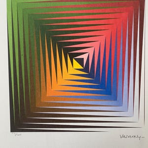 May include: A colorful abstract print with a geometric design of squares and triangles in shades of green, red, blue, orange, and yellow. The print is numbered 23/50 and signed "Vasarely".