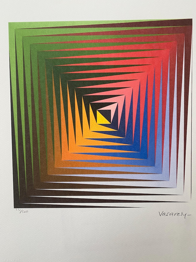 May include: A colorful abstract print with a geometric design of squares and triangles in shades of green, red, blue, orange, and yellow. The print is numbered 23/50 and signed "Vasarely".