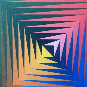 May include: Abstract geometric art print with a series of concentric squares in shades of green, red, orange, blue, and yellow.