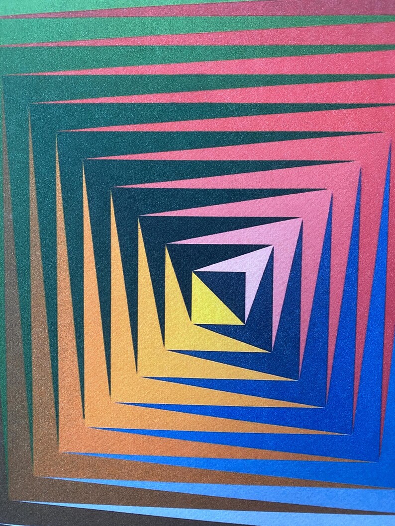 May include: Abstract geometric art print with a series of concentric squares in shades of green, red, orange, blue, and yellow.