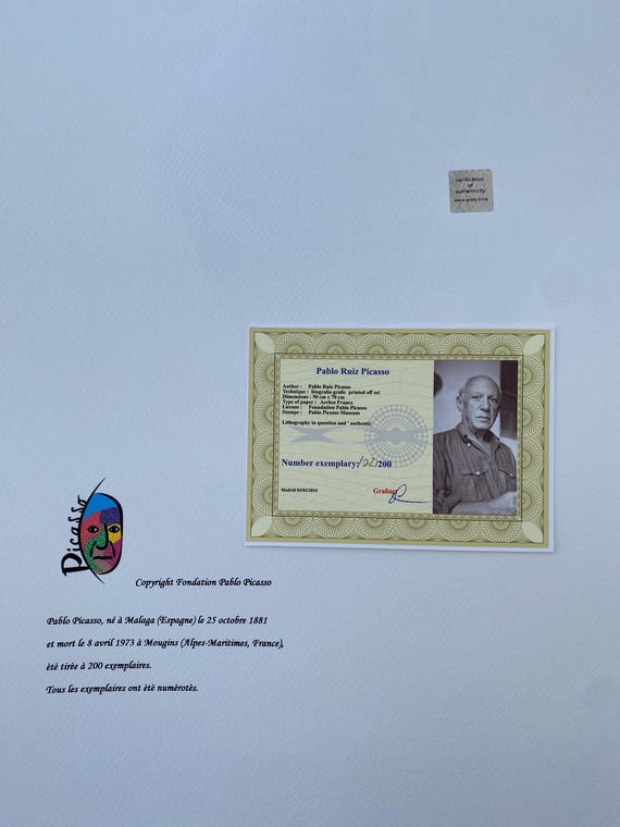 パブロ・ピカソ「雄牛、1945年」リトグラフ、証明書、サイン入り