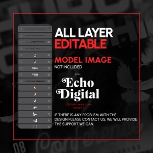 Puede incluir: Una imagen en blanco y negro con el texto "ALL LAYER EDITABLE" y "MODEL IMAGE NOT INCLUDED" en rojo. El texto "2024 Echo Digital DESIGN MAKE AN IMPACT" est&aacute; en blanco. El texto "IF THERE IS ANY PROBLEM WITH THE DESIGN PLEASE CONTACT US. WE WILL PROVIDE THE SUPPORT WE CAN." est&aacute; en negro. La imagen tambi&eacute;n incluye una paloma blanca.