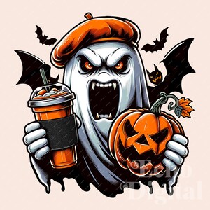 May include: A cartoon ghost wearing a beret holds a pumpkin and a cup of orange liquid with a black straw. The ghost has a wide open mouth with fangs and red eyes. There are bats and a small ghost in the background.