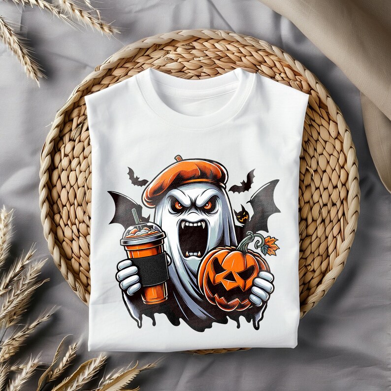 May include: White t-shirt featuring a graphic of a ghost wearing a beret, holding a pumpkin and a cup of coffee. The ghost has a scary expression with fangs and red eyes. There are bats flying around the ghost.