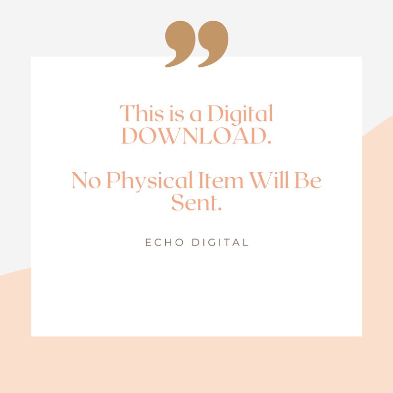 Puede incluir: Un cuadrado blanco con esquinas redondeadas y un fondo melocot&oacute;n detr&aacute;s. El texto dentro del cuadrado dice "Esto es una DESCARGA digital. No se enviar&aacute; ning&uacute;n art&iacute;culo f&iacute;sico. ECHO DIGITAL"