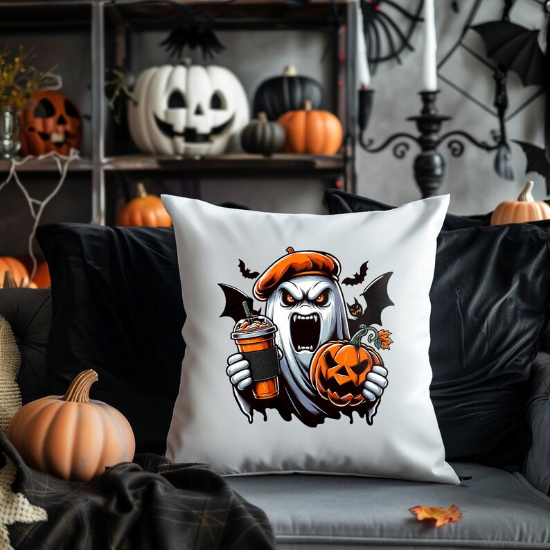 May include: White cushion featuring a graphic of a ghost wearing a beret and holding a pumpkin and a cup of coffee. The ghost has a scary expression and is surrounded by bats.