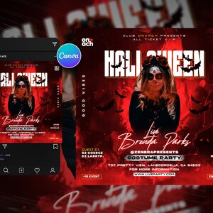 May include: A Halloween party flyer with a red background and a woman in a black costume with a sugar skull makeup. The flyer says "Halloween Queen" and "Live Brinda Parks" with the event details below.