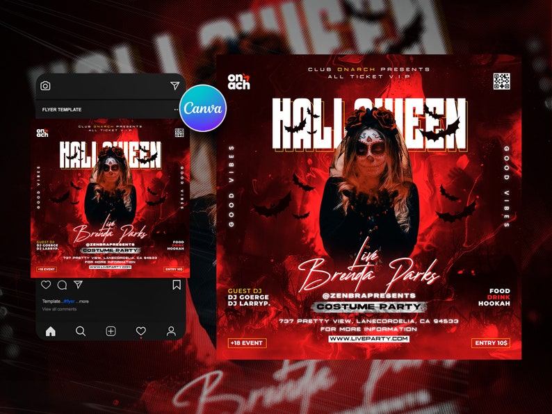 May include: A Halloween party flyer with a red background and a woman in a black costume with a sugar skull makeup. The flyer says "Halloween Queen" and "Live Brinda Parks" with the event details below.
