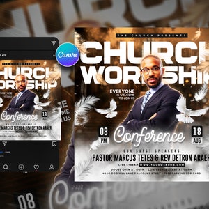 Puede incluir: Un folleto para una conferencia de adoraci&oacute;n en la iglesia con un hombre con traje y corbata. El folleto es dorado y blanco con el texto "Church Worship" y "Conference" en letras grandes y negritas. El folleto tambi&eacute;n incluye la fecha y la hora de la conferencia, los nombres de los oradores invitados y la direcci&oacute;n de la iglesia.