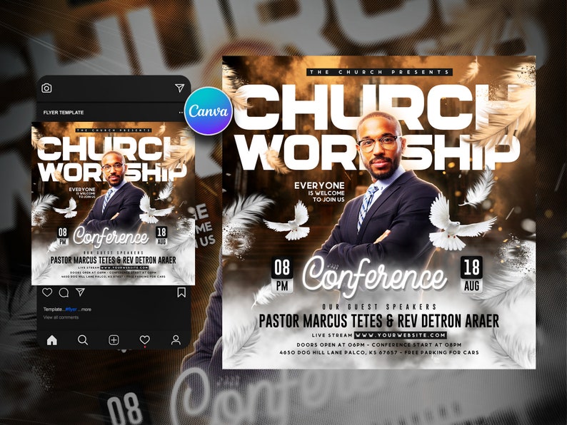 Puede incluir: Un folleto para una conferencia de adoraci&oacute;n en la iglesia con un hombre con traje y corbata. El folleto es dorado y blanco con el texto "Church Worship" y "Conference" en letras grandes y negritas. El folleto tambi&eacute;n incluye la fecha y la hora de la conferencia, los nombres de los oradores invitados y la direcci&oacute;n de la iglesia.